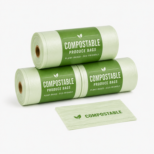 Compostable produce bag rolls for grocery stores and markets